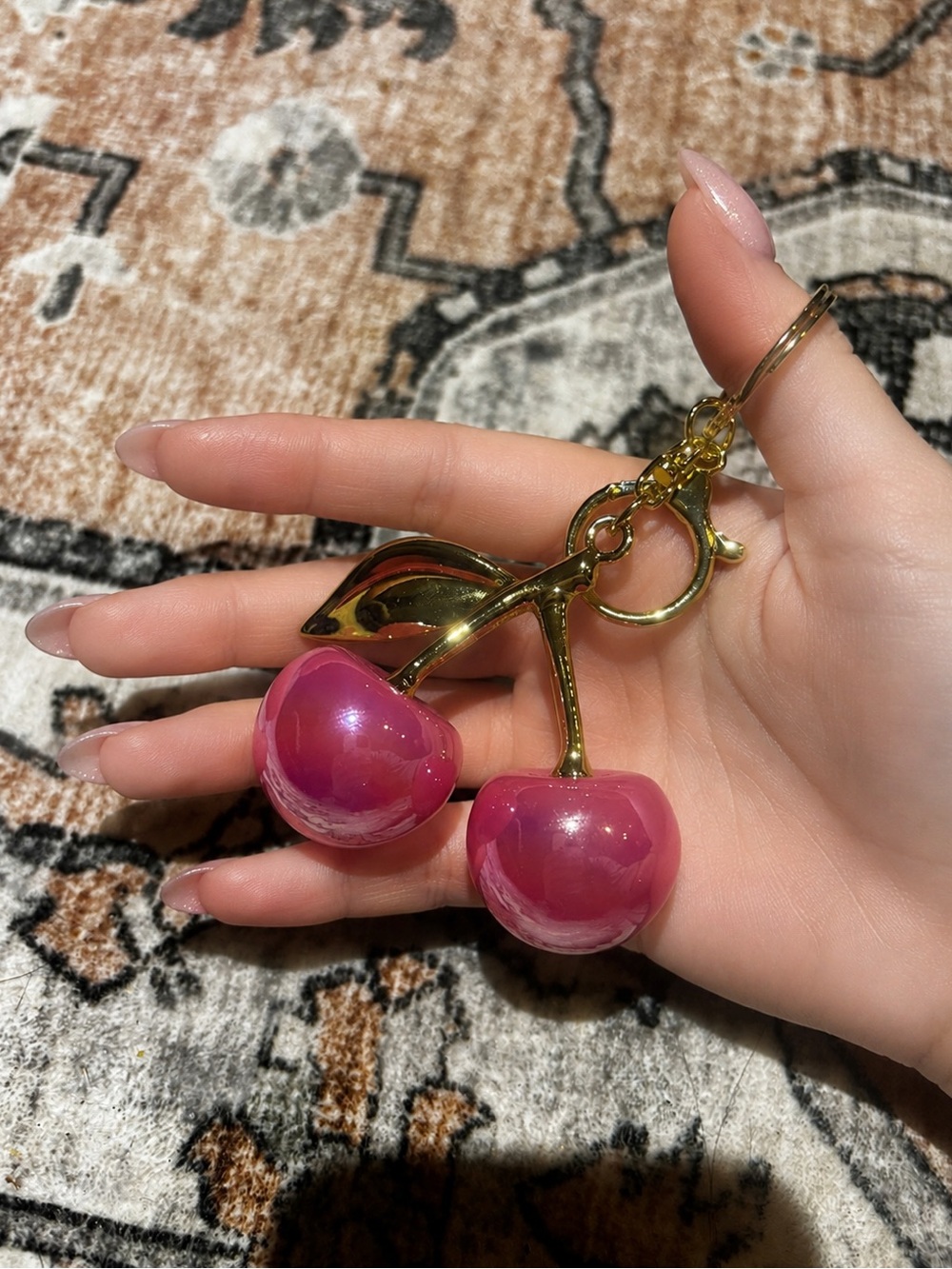 “C” Inspired Large Pink and Gold Cherry Charm Keychain